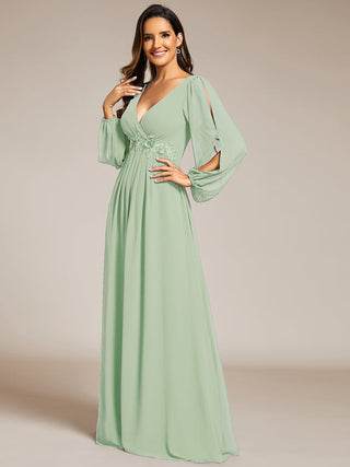 Long Sleeve A-Line Floor Length Deep V-Neck Evening Dresses