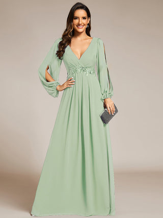Long Sleeve A-Line Floor Length Deep V-Neck Evening Dresses