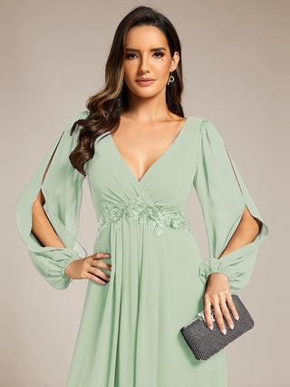Long Sleeve A-Line Floor Length Deep V-Neck Evening Dresses