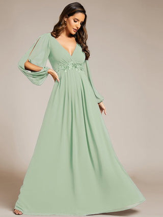 Long Sleeve A-Line Floor Length Deep V-Neck Evening Dresses