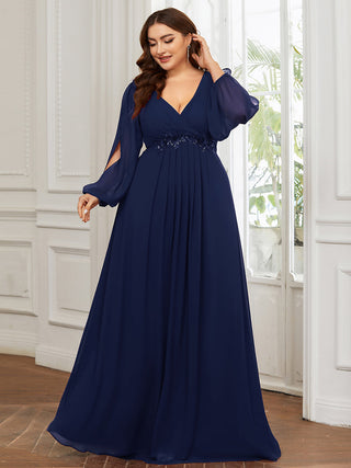 Long Sleeve A-Line Floor Length Deep V-Neck Evening Dresses