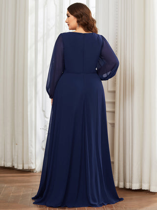 Long Sleeve A-Line Floor Length Deep V-Neck Evening Dresses