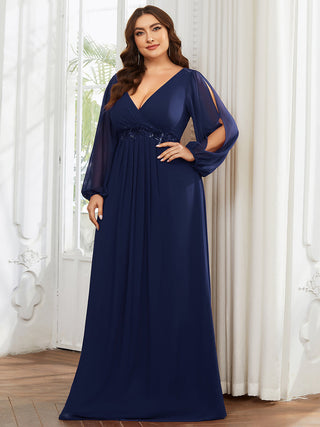 Long Sleeve A-Line Floor Length Deep V-Neck Evening Dresses