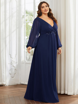 Long Sleeve A-Line Floor Length Deep V-Neck Evening Dresses