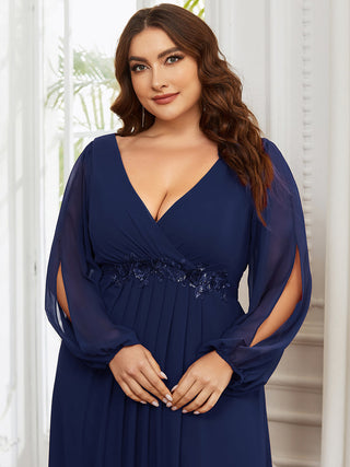 Long Sleeve A-Line Floor Length Deep V-Neck Evening Dresses