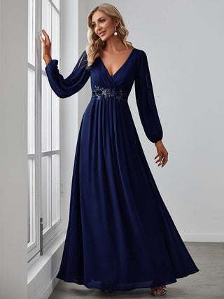 Long Sleeve A-Line Floor Length Deep V-Neck Evening Dresses