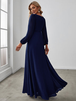 Long Sleeve A-Line Floor Length Deep V-Neck Evening Dresses