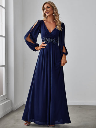 Long Sleeve A-Line Floor Length Deep V-Neck Evening Dresses