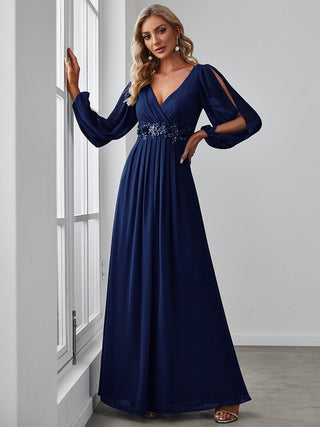 Long Sleeve A-Line Floor Length Deep V-Neck Evening Dresses