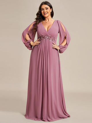 Long Sleeve A-Line Floor Length Deep V-Neck Evening Dresses