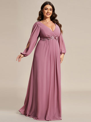 Long Sleeve A-Line Floor Length Deep V-Neck Evening Dresses