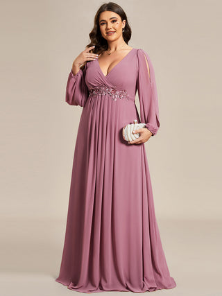 Long Sleeve A-Line Floor Length Deep V-Neck Evening Dresses