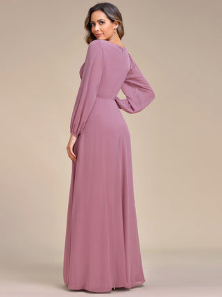 Long Sleeve A-Line Floor Length Deep V-Neck Evening Dresses