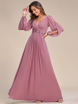 Long Sleeve A-Line Floor Length Deep V-Neck Evening Dresses