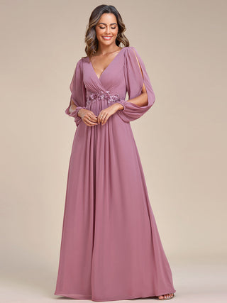 Long Sleeve A-Line Floor Length Deep V-Neck Evening Dresses