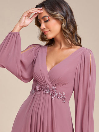 Long Sleeve A-Line Floor Length Deep V-Neck Evening Dresses