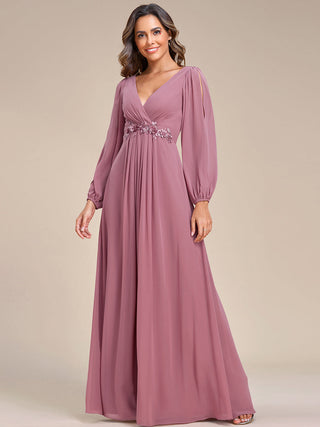 Long Sleeve A-Line Floor Length Deep V-Neck Evening Dresses