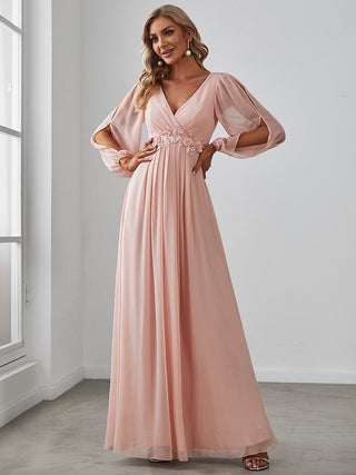 Long Sleeve A-Line Floor Length Deep V-Neck Evening Dresses
