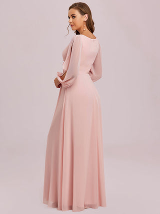 Long Sleeve A-Line Floor Length Deep V-Neck Evening Dresses