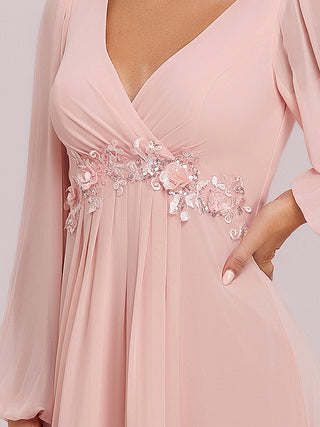 Long Sleeve A-Line Floor Length Deep V-Neck Evening Dresses