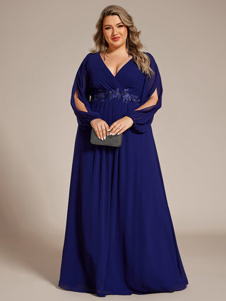 Long Sleeve A-Line Floor Length Deep V-Neck Evening Dresses