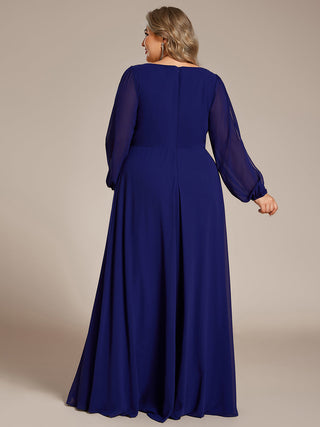 Long Sleeve A-Line Floor Length Deep V-Neck Evening Dresses