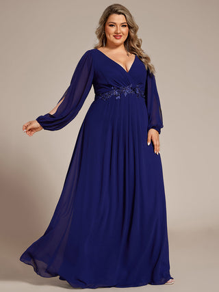 Long Sleeve A-Line Floor Length Deep V-Neck Evening Dresses