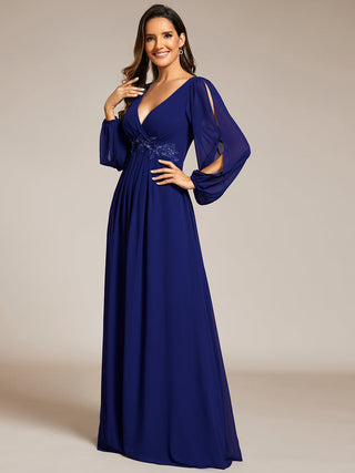 Long Sleeve A-Line Floor Length Deep V-Neck Evening Dresses