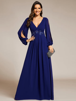 Long Sleeve A-Line Floor Length Deep V-Neck Evening Dresses