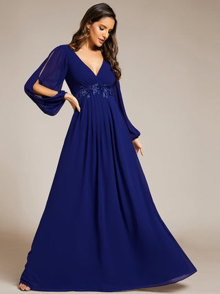 Long Sleeve A-Line Floor Length Deep V-Neck Evening Dresses