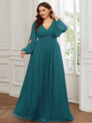 Long Sleeve A-Line Floor Length Deep V-Neck Evening Dresses