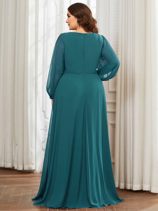Long Sleeve A-Line Floor Length Deep V-Neck Evening Dresses