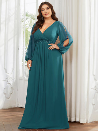 Long Sleeve A-Line Floor Length Deep V-Neck Evening Dresses