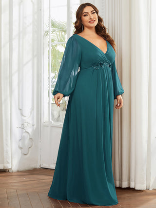 Long Sleeve A-Line Floor Length Deep V-Neck Evening Dresses