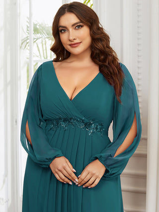 Long Sleeve A-Line Floor Length Deep V-Neck Evening Dresses