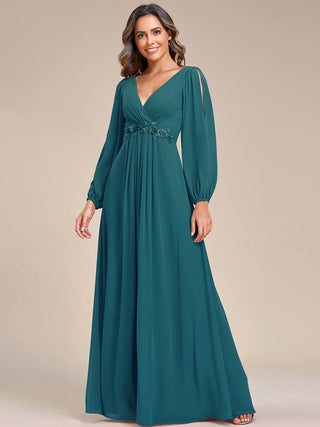 Long Sleeve A-Line Floor Length Deep V-Neck Evening Dresses