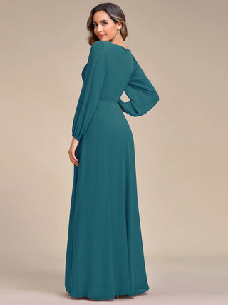 Long Sleeve A-Line Floor Length Deep V-Neck Evening Dresses