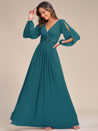 Long Sleeve A-Line Floor Length Deep V-Neck Evening Dresses