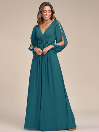 Long Sleeve A-Line Floor Length Deep V-Neck Evening Dresses
