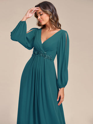 Long Sleeve A-Line Floor Length Deep V-Neck Evening Dresses