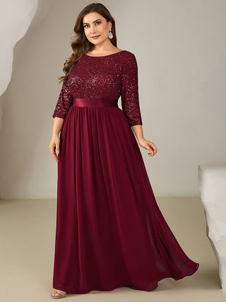 3/4 Sleeve Sequin Patchwork A-Line Floor Length Evening Dresses