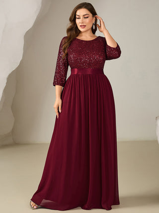 3/4 Sleeve Sequin Patchwork A-Line Floor Length Evening Dresses
