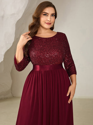 3/4 Sleeve Sequin Patchwork A-Line Floor Length Evening Dresses