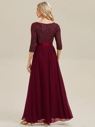 3/4 Sleeve Sequin Patchwork A-Line Floor Length Evening Dresses