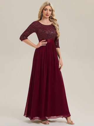 3/4 Sleeve Sequin Patchwork A-Line Floor Length Evening Dresses