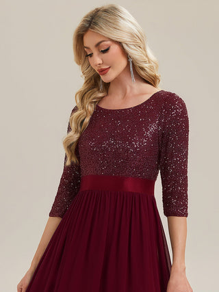 3/4 Sleeve Sequin Patchwork A-Line Floor Length Evening Dresses