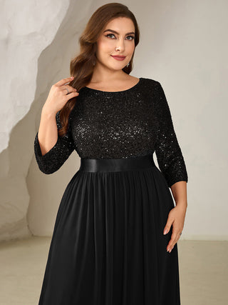 3/4 Sleeve Sequin Patchwork A-Line Floor Length Evening Dresses