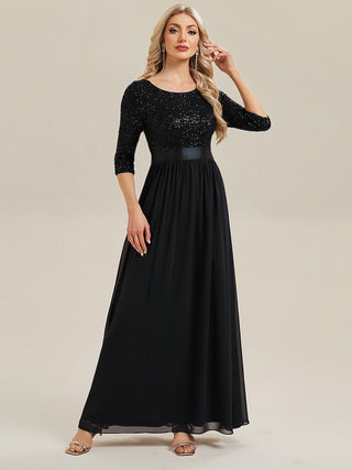3/4 Sleeve Sequin Patchwork A-Line Floor Length Evening Dresses