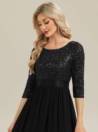 3/4 Sleeve Sequin Patchwork A-Line Floor Length Evening Dresses
