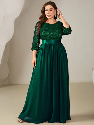 3/4 Sleeve Sequin Patchwork A-Line Floor Length Evening Dresses